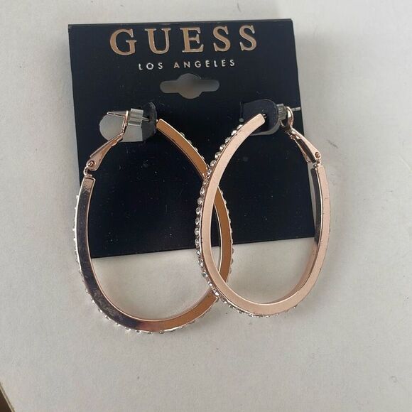NEW Guess Rose Gold Colored Rhinestone Accent Hoop Pierced Earrings - Picture 3 of 8